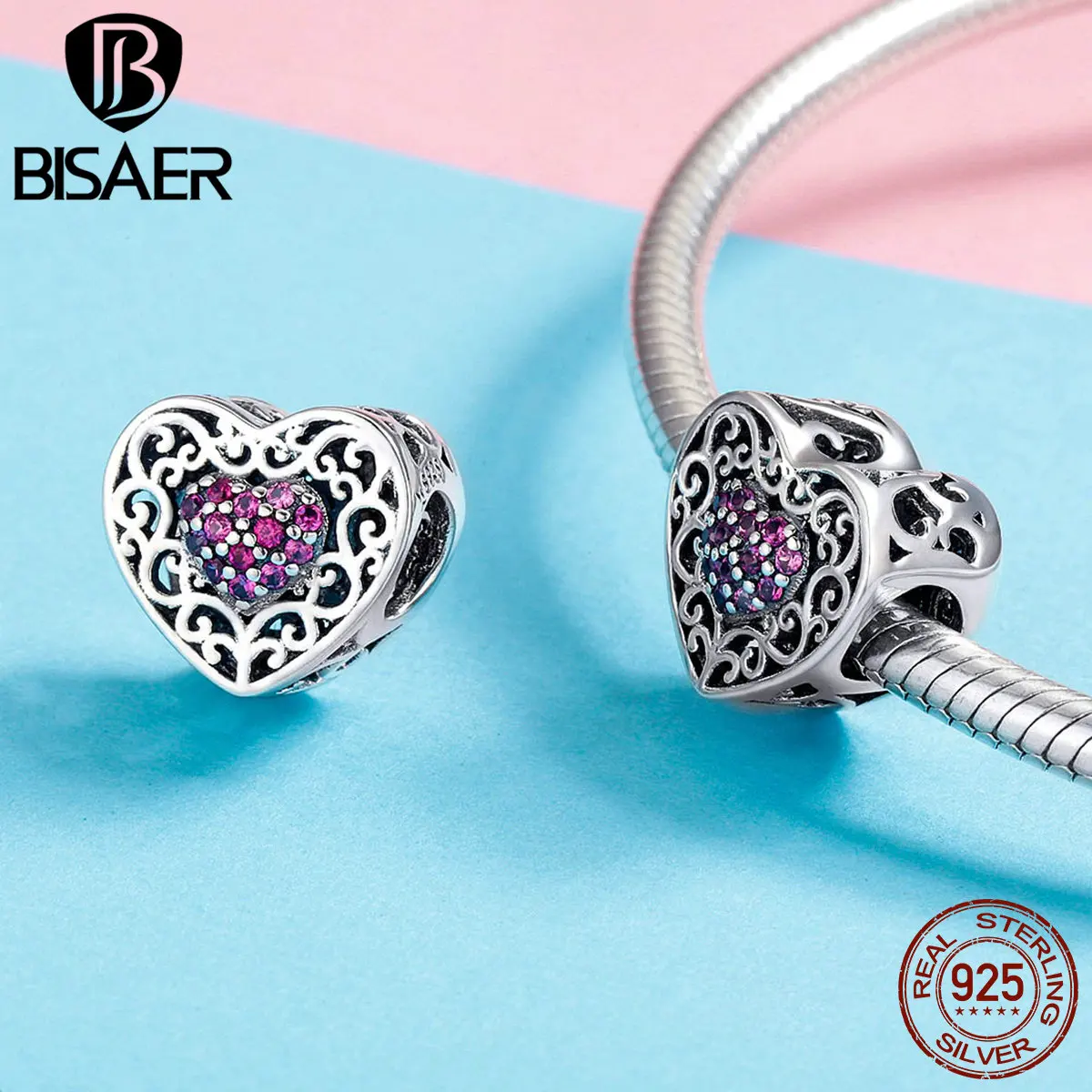 

BISAER New Arrival 925 Sterling Silver Love Heart Shape Red Center Flower Pendant For Bracelet&Necklace Jewelry Gift HSC1109