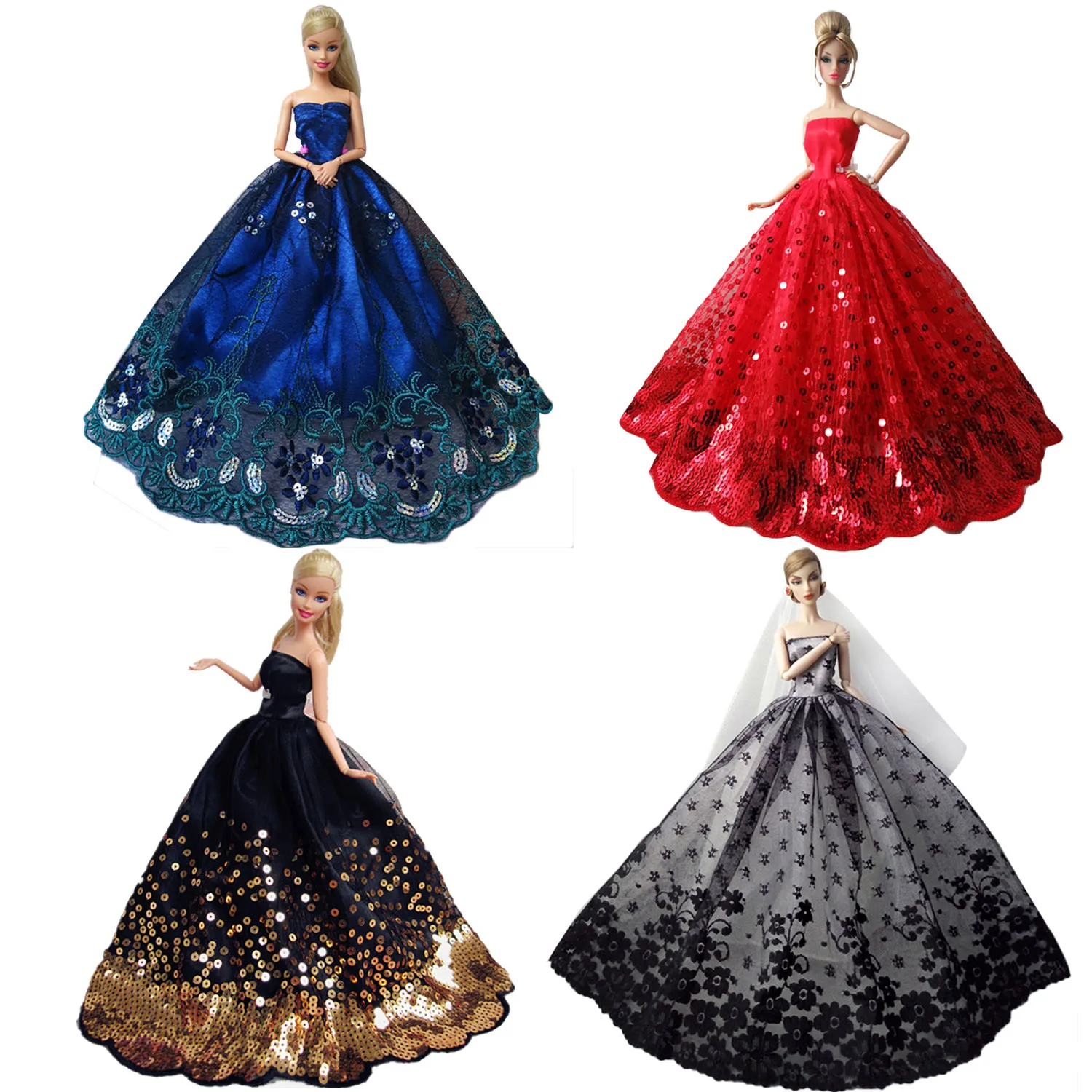 Besegad Mini Girl Doll Long Lace Gauze Dresses Evening Princess Gown Wedding Embroidered Clothes Accessories for Barbie Toy