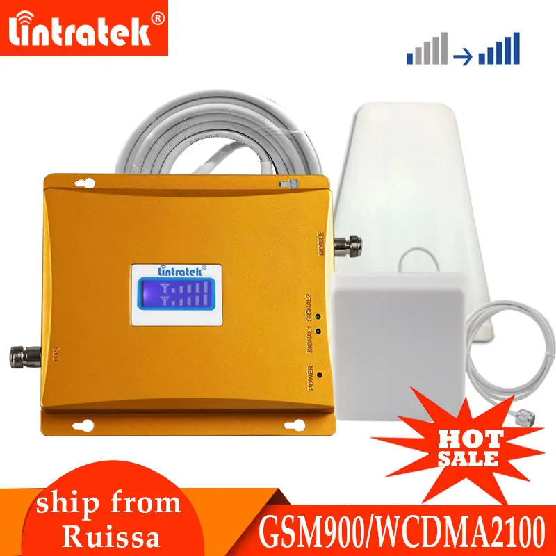 

Lintratek 3G WCDMA 2100 2G GSM 900 signal booster Dual band communication cellular repeater high gain amplifier + antenna set