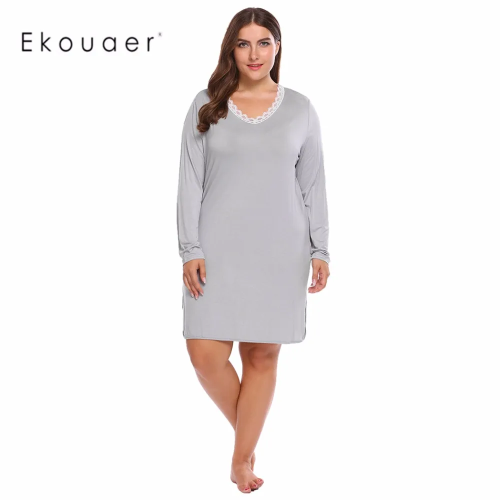 Ekouaer женская ночная рубашка размера плюс, ночная сорочка, пижама с длинным рукавом, Повседневная кружевная ночная рубашка с разрезом, ночная рубашка, домашняя одежда