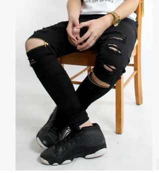 

2017 Summer ripped black skinny jeans Soft Denim Knee Hole Zipper Biker Jeans Men Slim Distressed Torn Pants fear of god Jeans