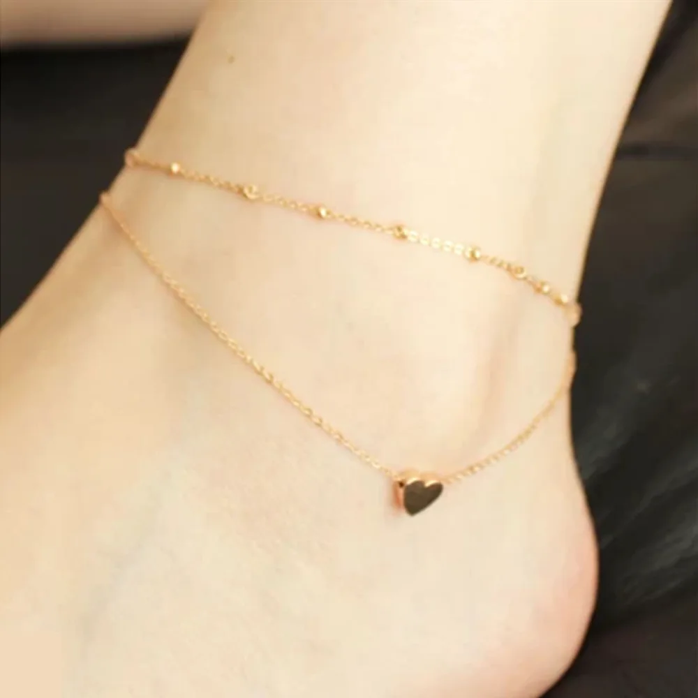 Alloy Heart Double Layer Anklets For Women Foot font b Jewelry b font pulseras tobilleras mujer