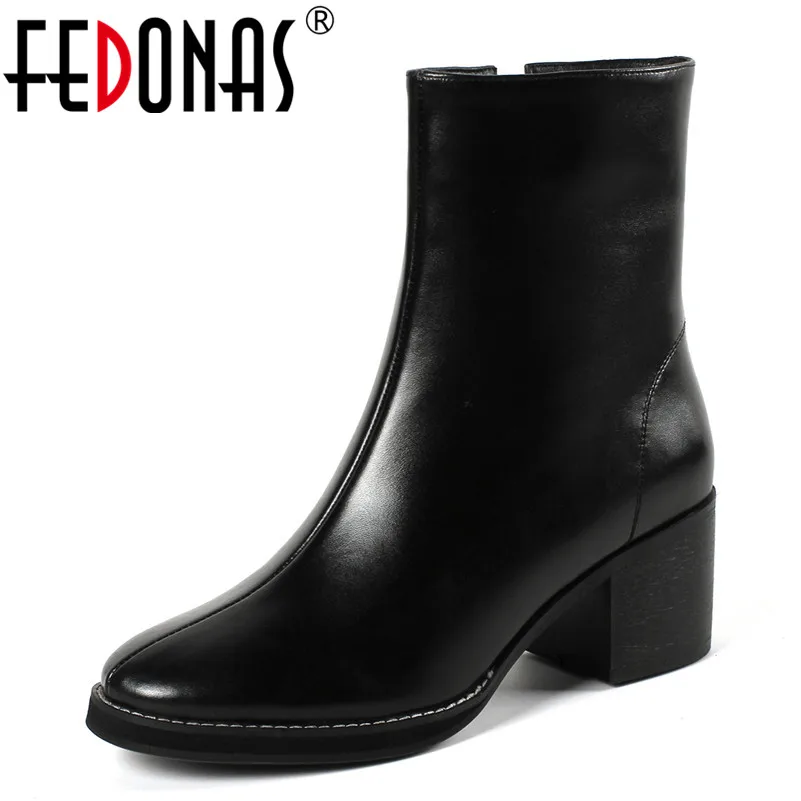 

FEDONAS New Black Women Mid-calf Boots Genuine Leather Autumn Winter Square Heels Martin Shoes Round Toe Casual Shoes Woman