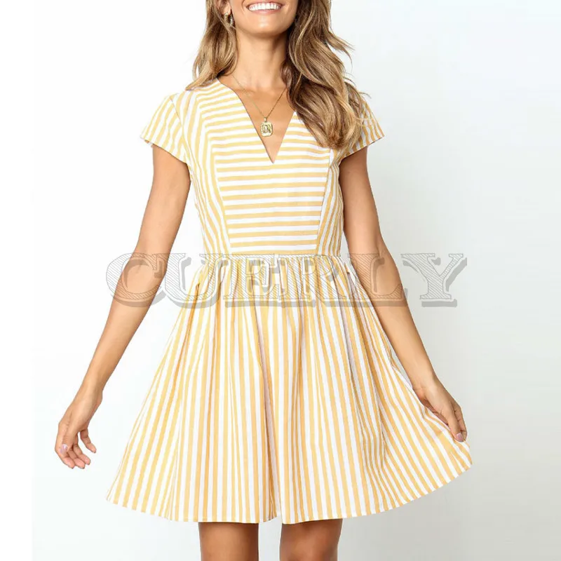

CUERLY 2019 New Sexy V-neck Dress Women Summer Yellow Striped Print Short Sleeve Sundresses Mini Party Beach Dress Vestidos