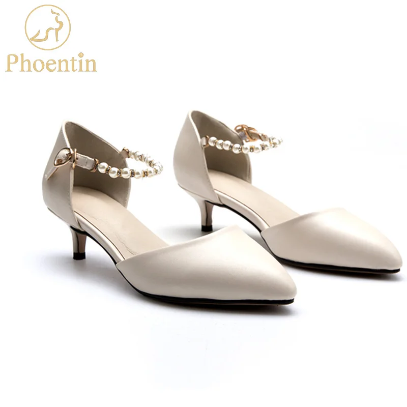 

Phoentin apricot string bead kitten heels 2019 pearl dress shoes low heels ankle strap women pumps shallow plus size black FT646