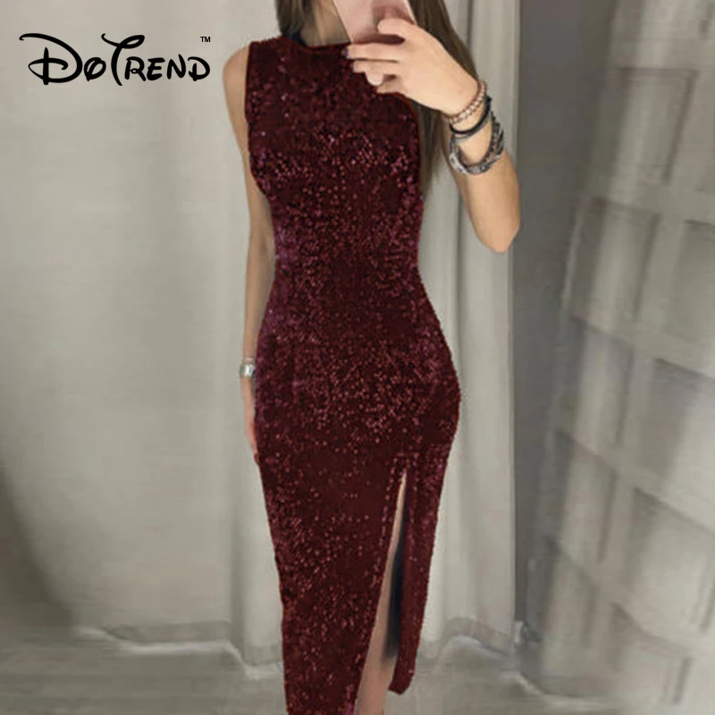

Dotrend 2019 New Arrival Spring Summer Women's Fashion Slim Empire Dress Irregular Sequin Split Zippers Nightclub Sexy Dress