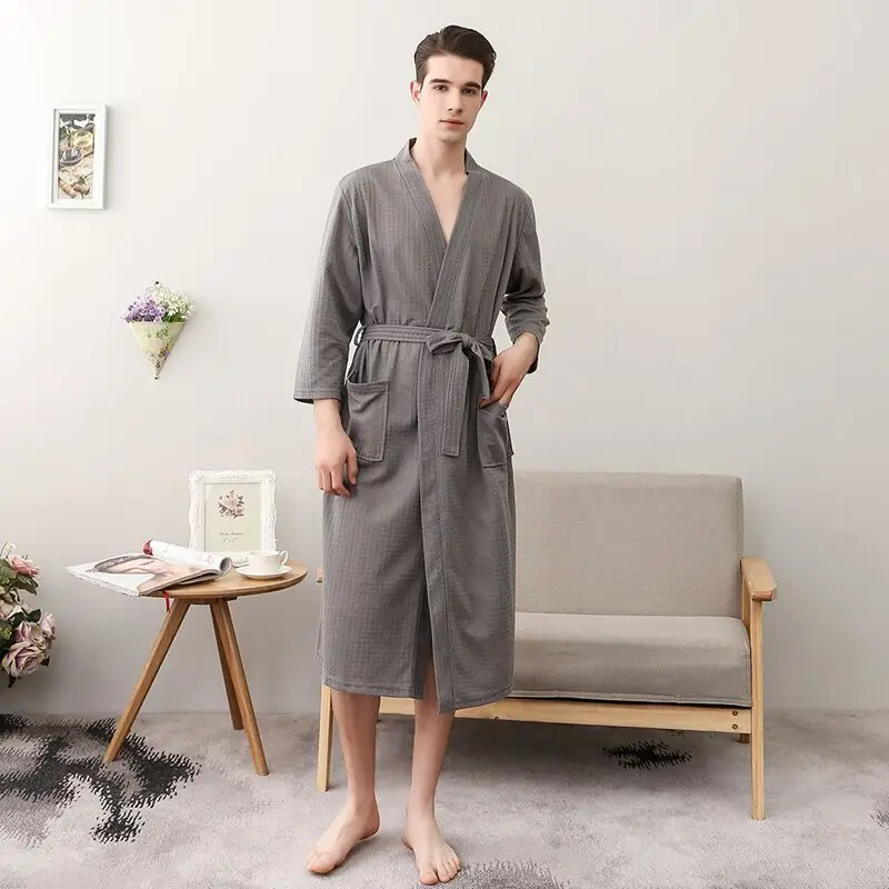 Мужской ночной халат, кимоно, халат для мужчин, Повседневная Домашняя одежда, вафельные халаты, Летний Тонкий халат, одежда для сна, домашние халаты - Цвет: Gray