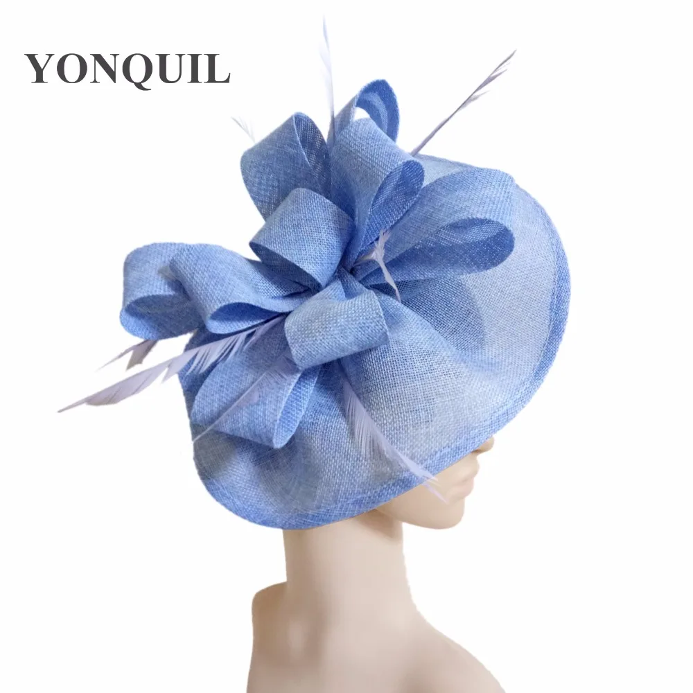 Перо Fascinators Жокейские шапочки для Для женщин Элегантный светло-голубой цвет имитация чародей шляпа девушек вечернее свадебное платье Шапки SYF66