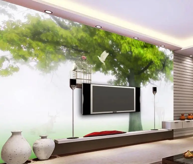 Custom Photo Wallpaper 3d Stereo Spring Tree Sika Deer Green