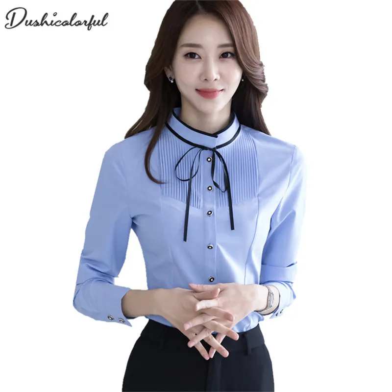 

dushicolorful long-sleeve shirt Spring white purple bow tie women blouse work wear formal office plus size top