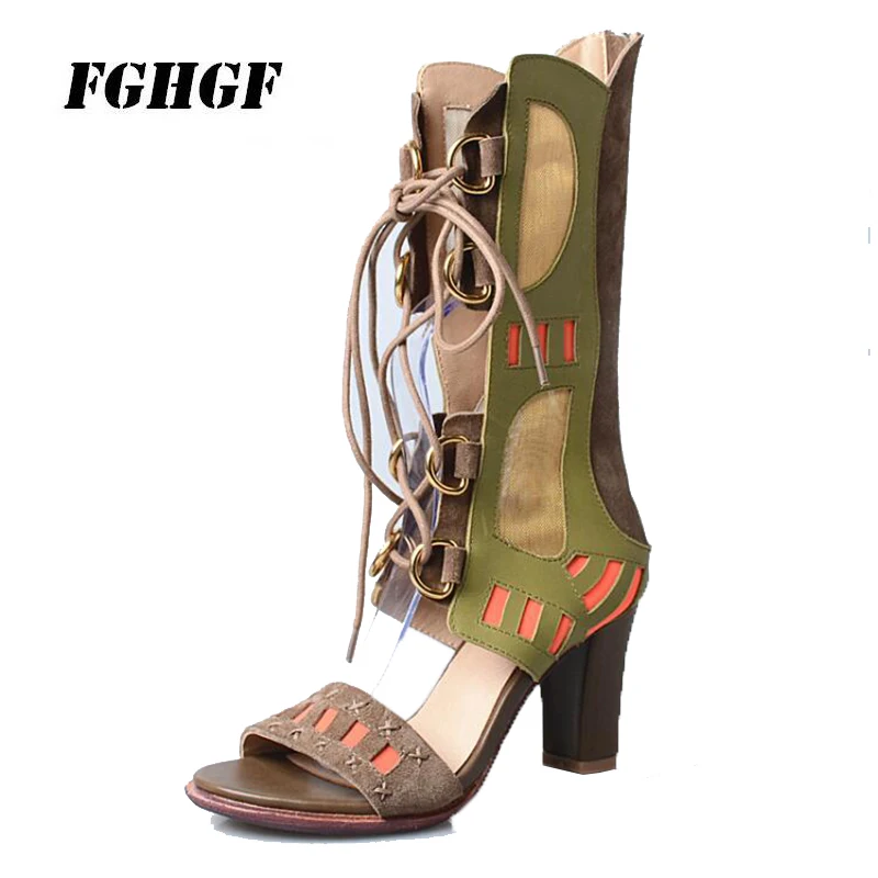 

Women'S High Heels Open Toes Genuine Leather Sheepskin Festival Party Suitable Wear Rome Style Lace-Up Women'S High Heels
