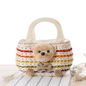 

Ethnic wind bear hand woven straw bag super cute Teddy Bear head wooden handle woven bag beach bag handbags