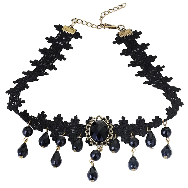 JOUVAL Чокеры в готическом стиле, черный камень, сексуальное кружевное ожерелье-чокер на шею, винтажное викторианское женское чокер, стимпанк, ювелирные изделия на Хэллоуин - Окраска металла: N1637C7