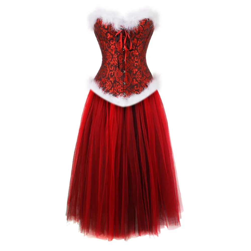 sexy red jacquard fur overbust strapless lace up corset dress waist