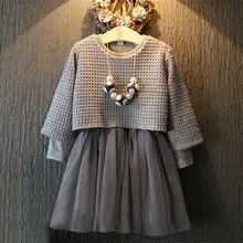 2016 Fashion Baby Kids Girls 2 Pcs Long Sleeve Grey Sweater Top+Dress Outfit Suits Set 2-7 Years