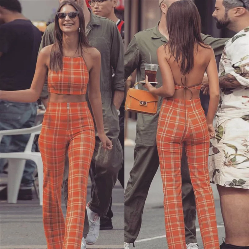 

Co-ord Setwomen Suit Sexy Two Piece Outfits Summer Plaid Short Crop Top and Pant Sleeveless Wholesale 2pcs High Waist Clothing