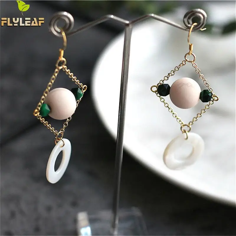 

Flyleaf 925 Sterling Silver Natural Shell Drop Long Earrings For Women Resin Geometric Gold Dangle Earings Fashion Jewelry Party