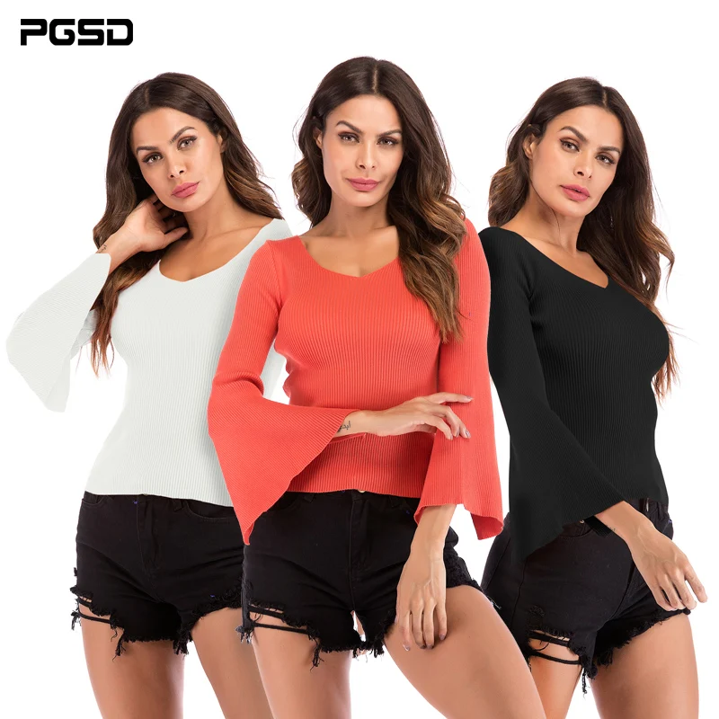 

PGSD Simple fashion Pure color Women Clothes Slim sexy trumpet sleeve V-neck knitted sweater Bottom Pullover female