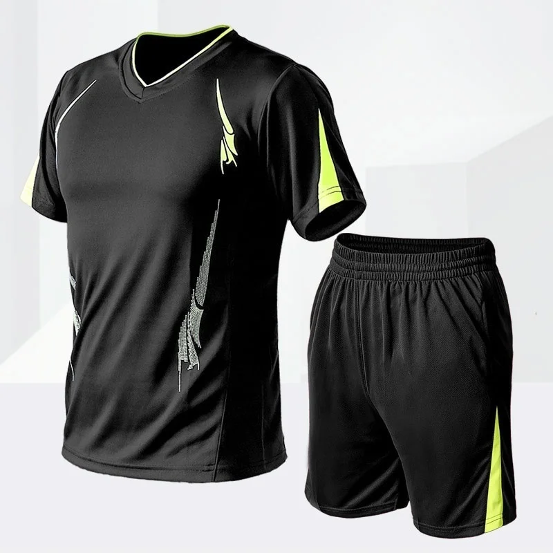 Новинка, повседневные мужские комплекты, летний однотонный спортивный костюм из двух частей, футболки+ шорты, мужская спортивная одежда для бега, облегающий спортивный костюм, Быстросохнущий - Цвет: WISH951 Black
