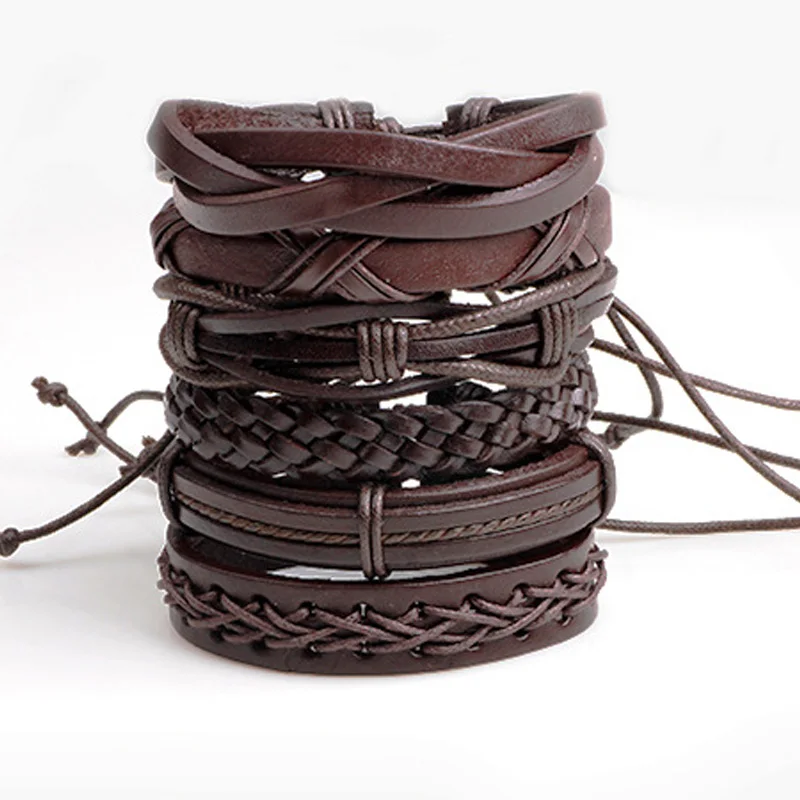 

6Pcs/Set Adjustable Fashion Men Punk Leather Wrap Braided Wristband Bracelet Bangle Set Cloth Decoration Jewelry Gift Hot