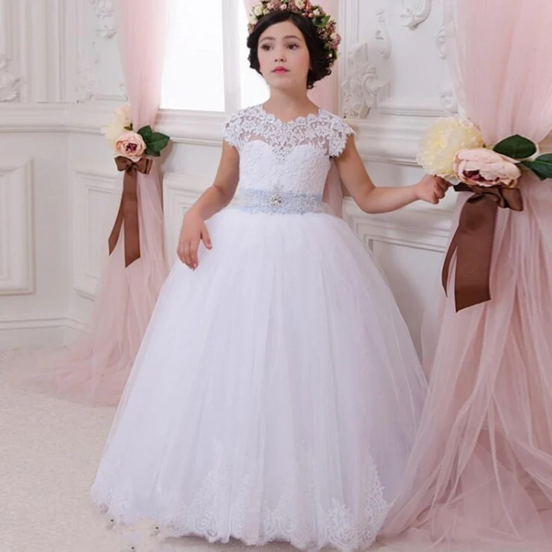 

Flower Girl Dress With Lace Applique First Communion Dress for Girls Customized