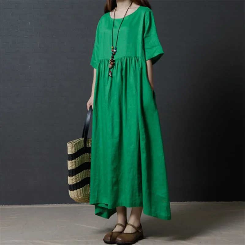 

2019 women summer preppy style loose cotton and line dress comfortable solid 4color dress plus size women dress M-7XL