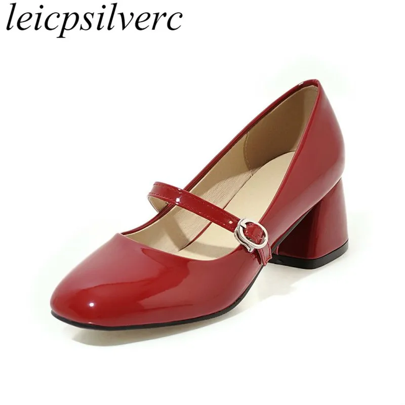 

Women Pumps Shoes Med Heel Patent Leather Square Toe Buckle Strap 2018Summer New Sweet Fashion Casual Wedding Office Black White