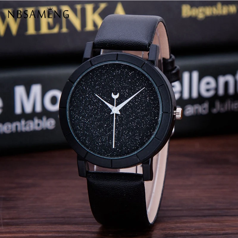 

New Crystal Women Watch Men Moon Stars Fashion Wristwatch Ladies Dress Design Watches Leather Clock Relogio Feminino LZ4199