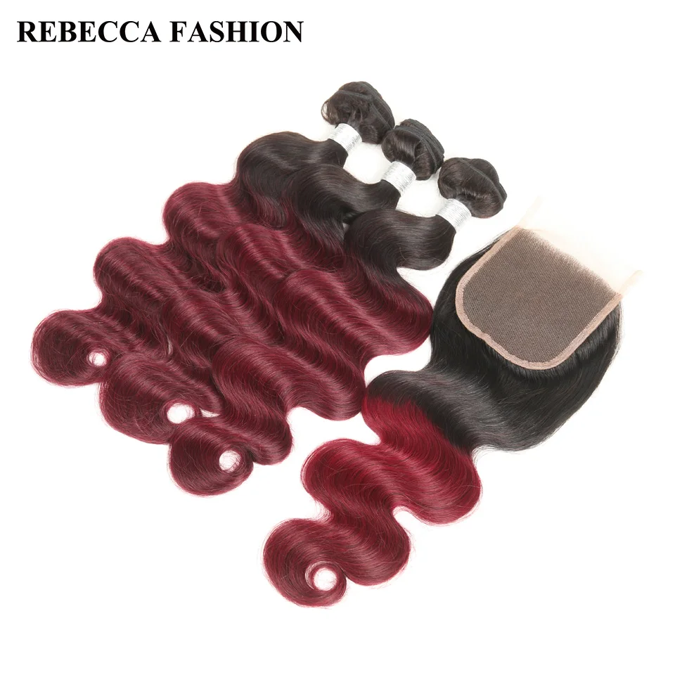 Rebecca Remy Peruvian Ombre Human Hair 3 Bundles With Closure Body Wave Wine Red Hair Weave bundles T1b99j 4x4 Lace Closure body-wave : image Rebecca Remy Peruvian Ombre Human Hair 3 Bundles With Closure Body Wave Wine Red Hair Weave bundles T1b99j 4x4 Lace Closure body-wave