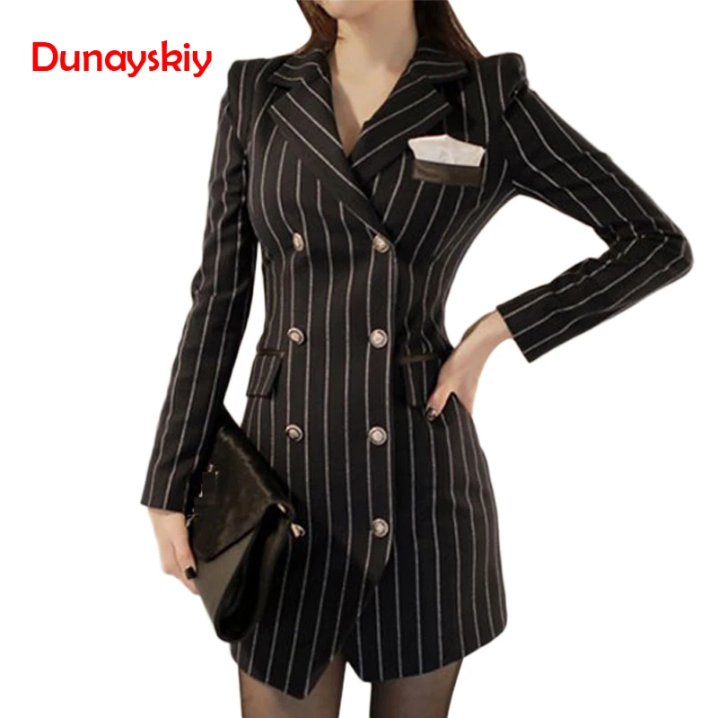 

Dunayskiy Office Lady Slim Striped Blazer Split Notched Collar Women Dress Elegant Work Suits Double Breasted Blazers Coat Femme