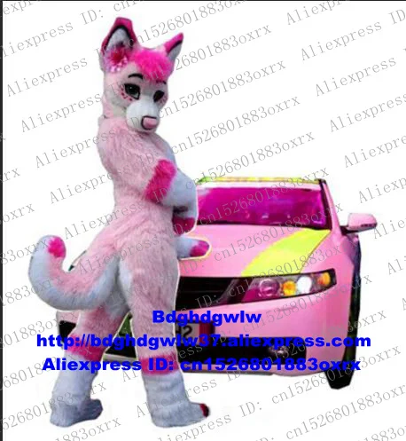 

Pink Long Fur Sexy Wolf Coyote Fox Husky Dog Mascot Costume Adult Cartoon Character Outfit Head Very Big Beauty Parlor zx672