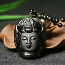 Отлично вырезанный черный скраб Подвеска из натурального обсидиана Гуаньинь голова Будды кулон ожерелье благословение лаки для мужчин женщин камень ювелирные изделия