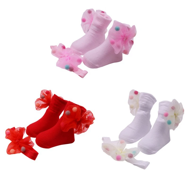 

2Pcs Cute Kids Baby Girls Mesh Gauze Bowknot Hairball Anti-slip Cotton Socks And Hairband