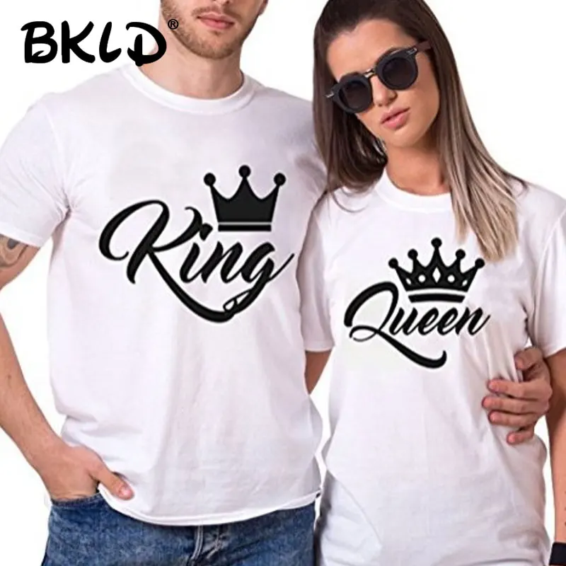BKLD King queen парные футболки с принтом короны одежда для пар летняя футболка повседневные топы с круглым вырезом Футболка для влюбленных