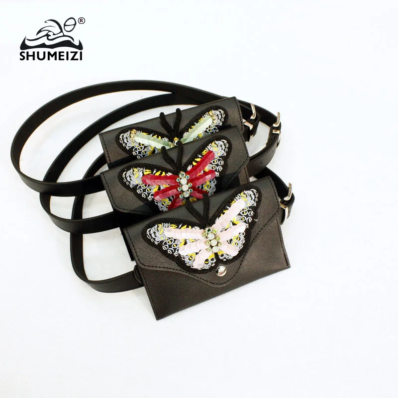 

Women Small Belt Leather Bags Fashion Waist Packs small belt handbag Waist Belt Bag With embroidery Butterfly Female Pouch Bag