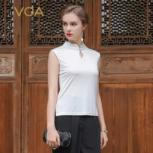 VOA Трикотажные шелковые рубашки женские короткие стоячий воротник Лето стиль простые тонкие Топы B5802