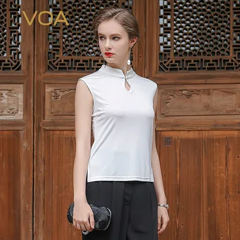 

VOA Knitted 100% Silk Shirt Female Short Stand Collar Summer 2017 Style Simple Slim Tops B5802