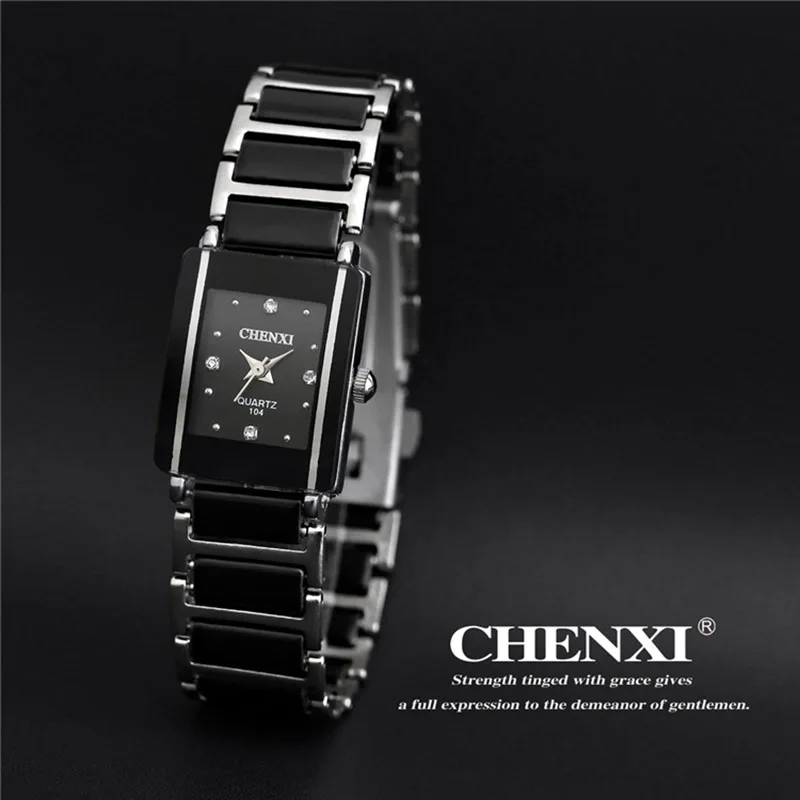 Роскошные брендовые CHENXI, элегантные женские часы, стразы, белое серебро, простой стильный дизайн, керамический браслет, кварцевые повседневные часы - Цвет: Woman Black