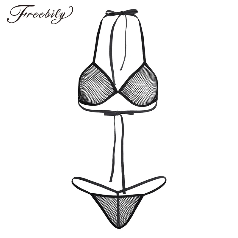 

Women Lingerie Fishnet See-through Bikini Bra Top with Matching G-string Set Underwear Babydoll Sleepwear Nightwear
