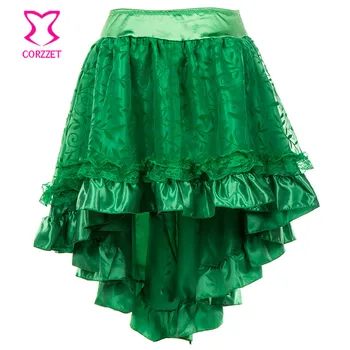 Retro Green Floral Tulle Asymmetrical Satin & Lace Steampunk Skirts Lace Midi Skirt Plus Size Fluffy Skirt for Women lace insert scalloped asymmetrical hem skirt