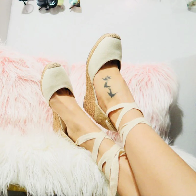 Women Ankle Strap Espadrilles Wedge Sandals 2018 Summer Canvas High Heel Fashion Lace up Women Platform Wedge Sandals Large Size (31)