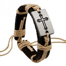 

100% Genuine Leather Male Bracelet Metal Cross Retro Hemp Rope Punk Cuff Bangle Single Buckle Belt Bracelet Pulseras Hombre