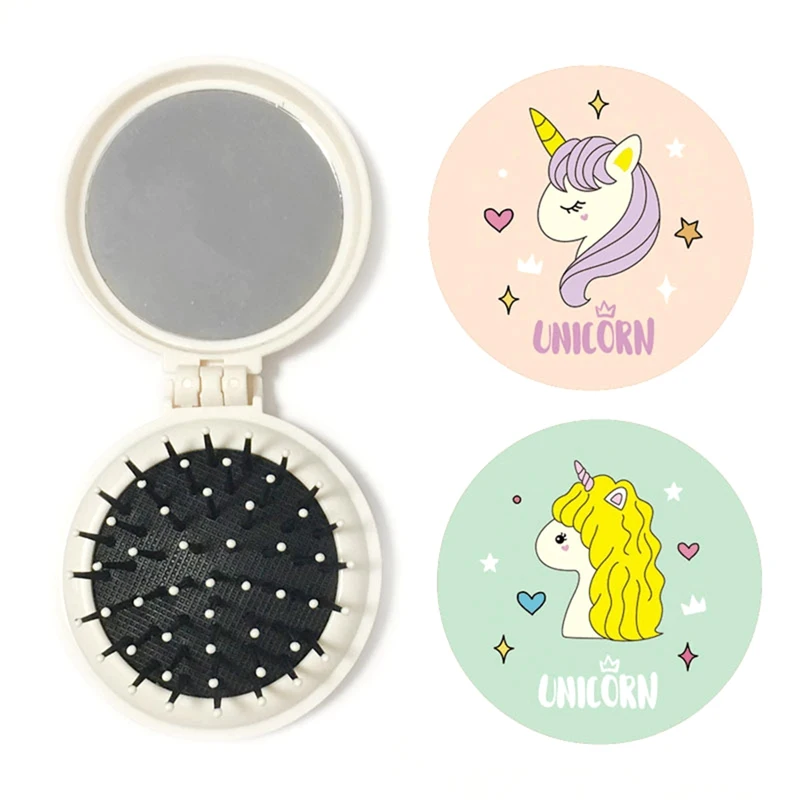 Portable Cute Pony Unicorn Comb Airbag Massage Mirrors Comb Set Mini Folding Make Up Comb Random Color