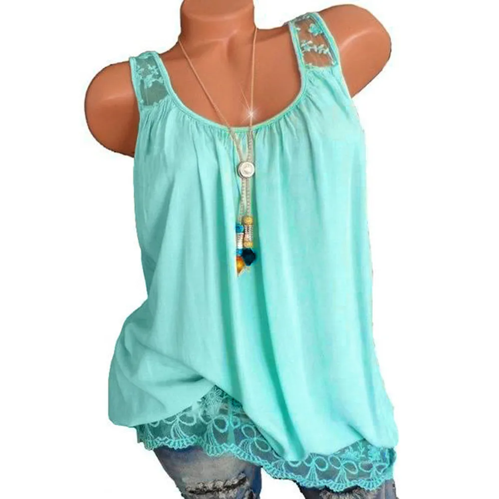 

Women O-Neck Sleeveless Pure color Lace Vest Tops Loose T-Shirt Blouse Camisetas Tirantes Encaje Undershirt Women Tank Top