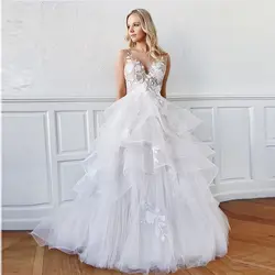 Новый иллюзия Vestido De Noiva глубокий v-образным вырезом сексуальное, с открытой спиной, бесшовное многоярусная юбка из тюля белые свадебные