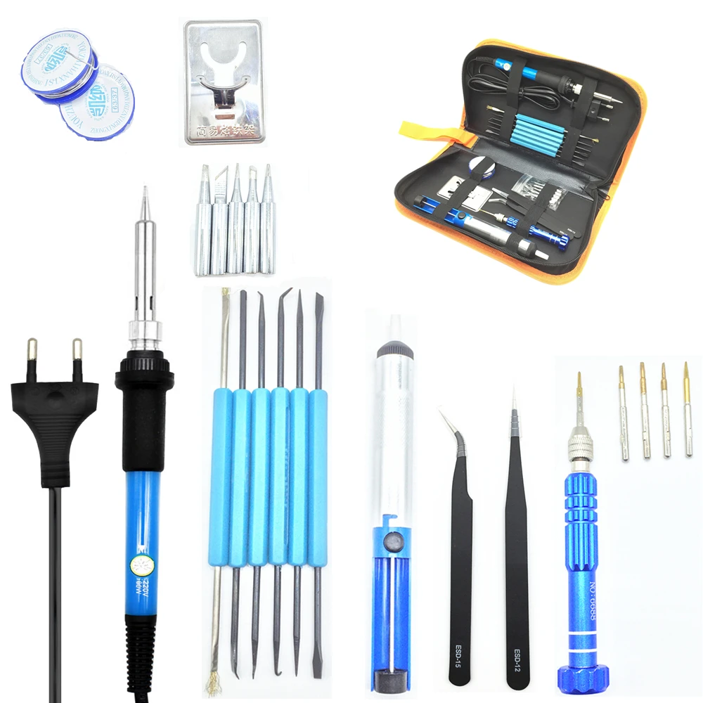 

60W Adjustable Temperature Electric Soldering Iron Set with Tips Tweezers Solder Wire
