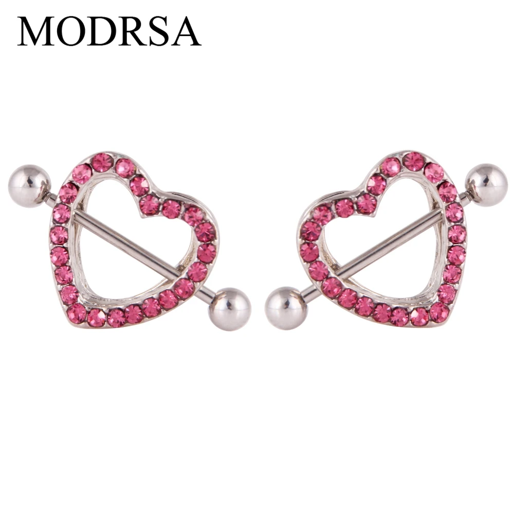 

MODRSA 2pcs Heart Nipple Ring Piercing Stainless Steel Pink Love Rhinestones Women Bar Silver Body Jewelry Crystal Barbell