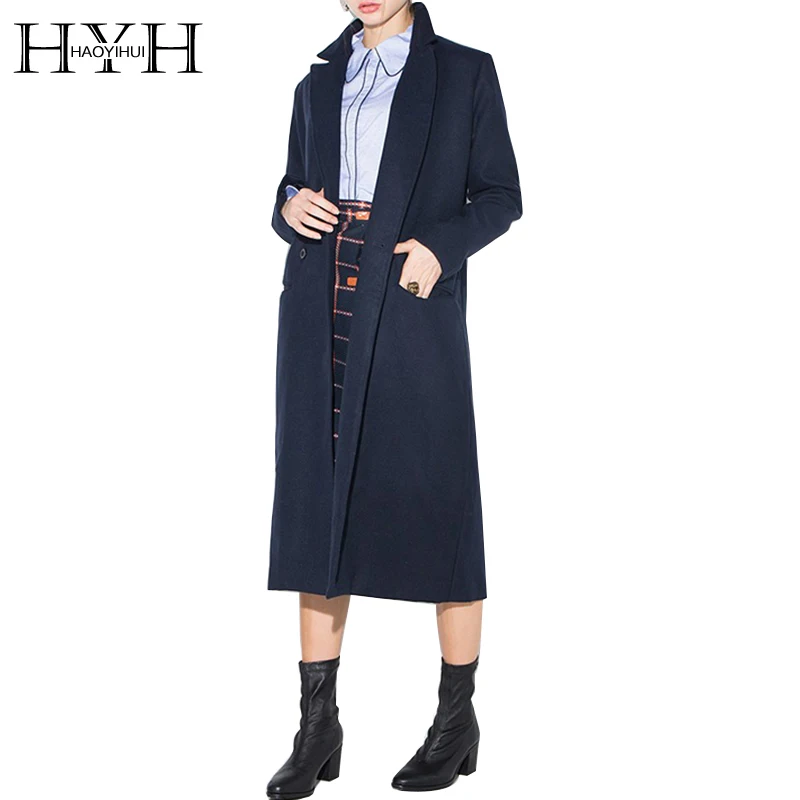 HYH HAOYIHUI, новинка, осенне-зимняя женская модная однотонная темно-синяя двубортная куртка с карманами, шерстяная длинная куртка, пальто