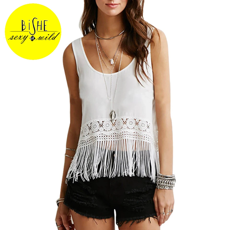 BiSHE Solid White Women Tank Top Fringe Camisole Lace Tank Cami Blusa