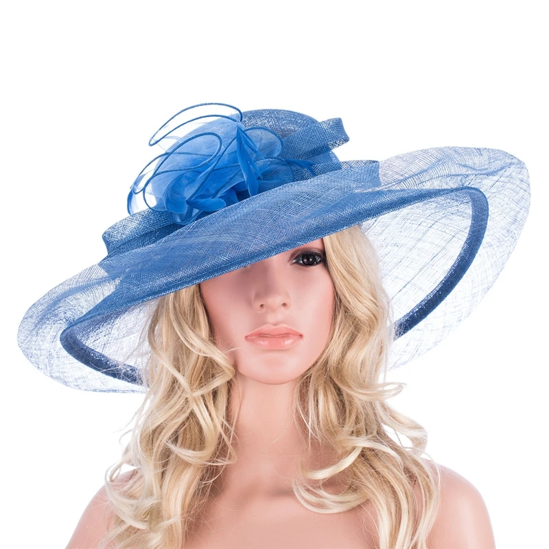 Женские шляпы с широкими полями, Sinamay, женские шляпы с перьями, лента, церковные шляпы для Кентукки, Дерби, Коктейльная Свадебная вечеринка
